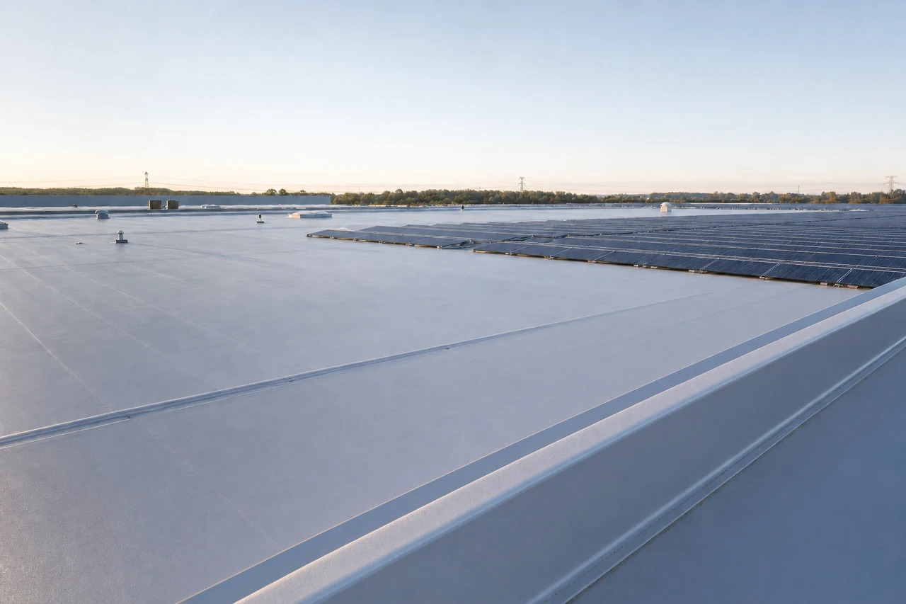 Industrial flat roof with PV modules on supports, membrane and mineral protective layers